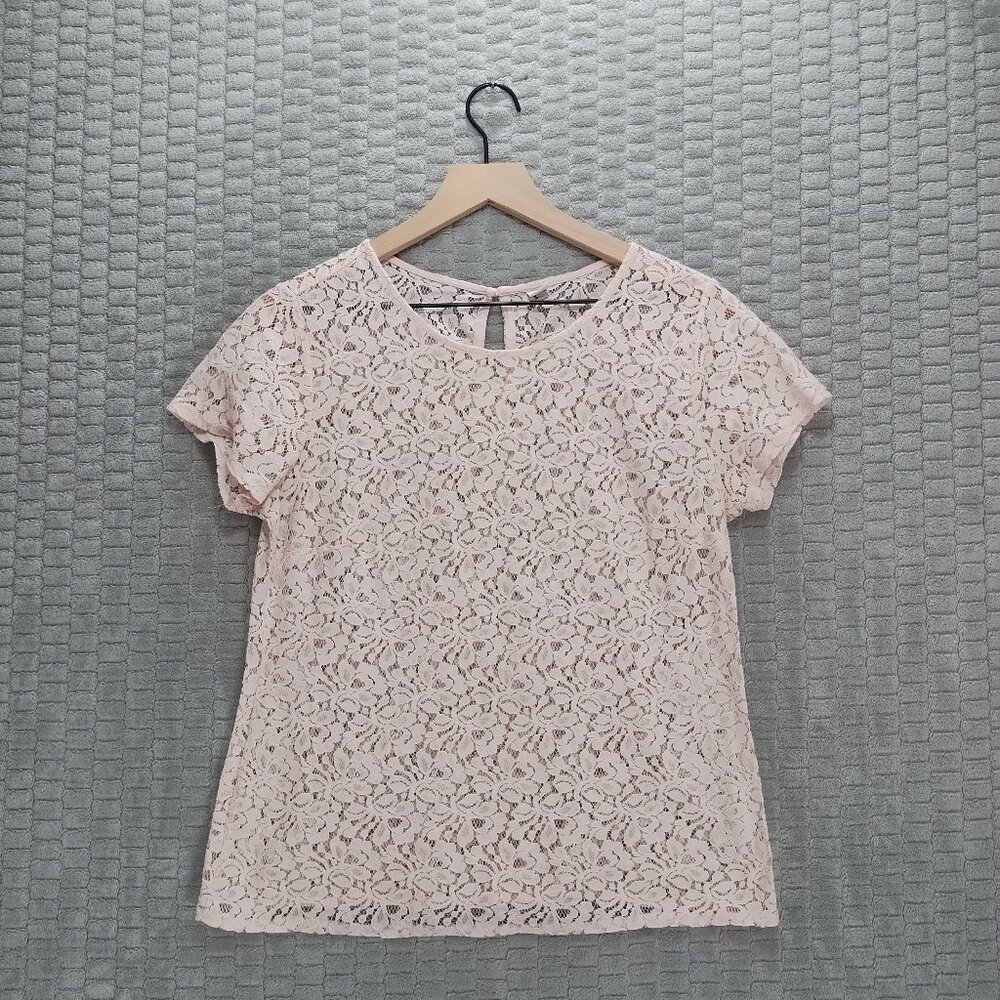 Blush Pink Sheer Lace Floral Short Sleeve Shirt-Old Navy-M